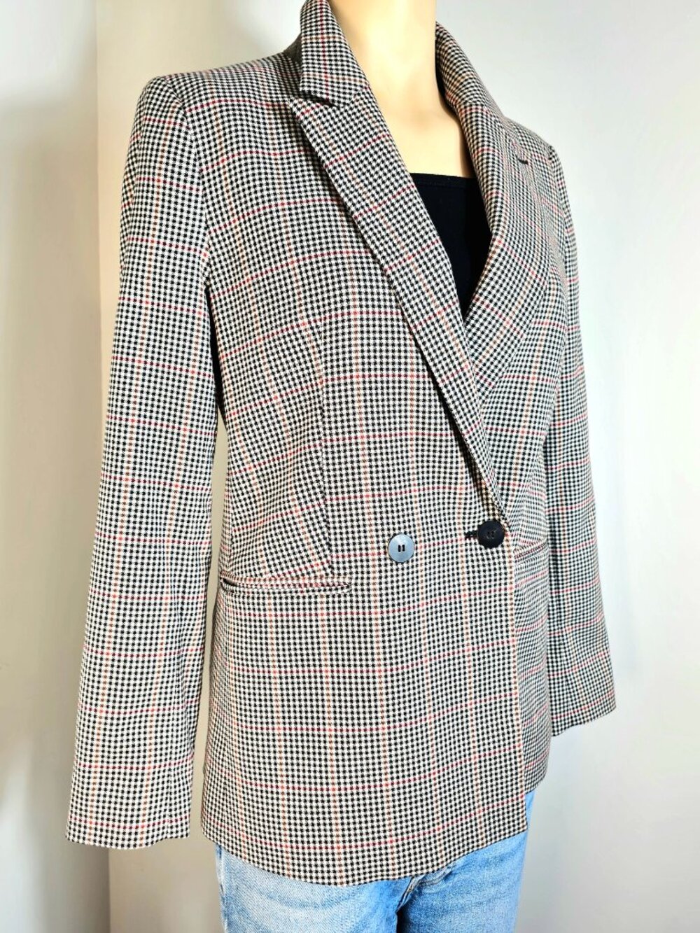 Mango MNG Houndstooth Plaid Blazer Size 2 Tailored Double Button - Picture 3 of 10